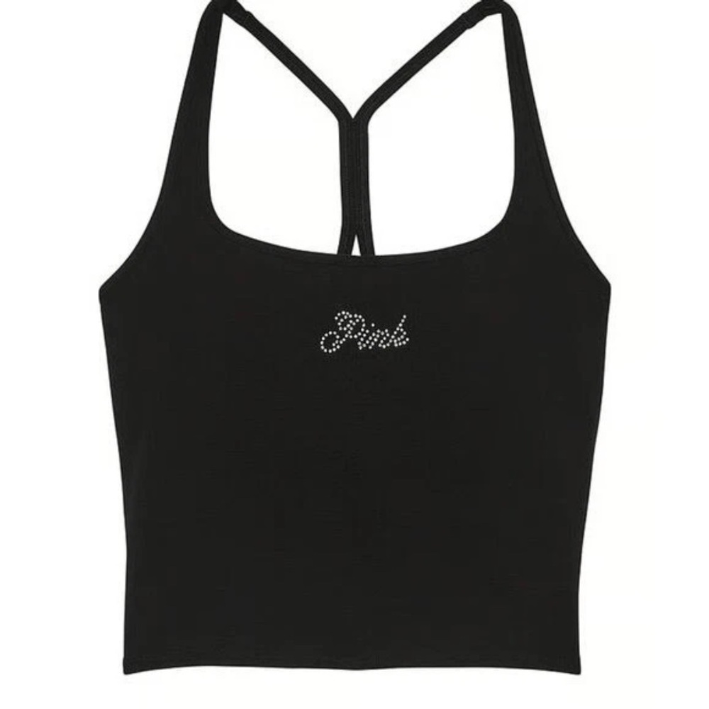 victoria’s secret pink black strappy workout tank built-in bra rhinestone xl